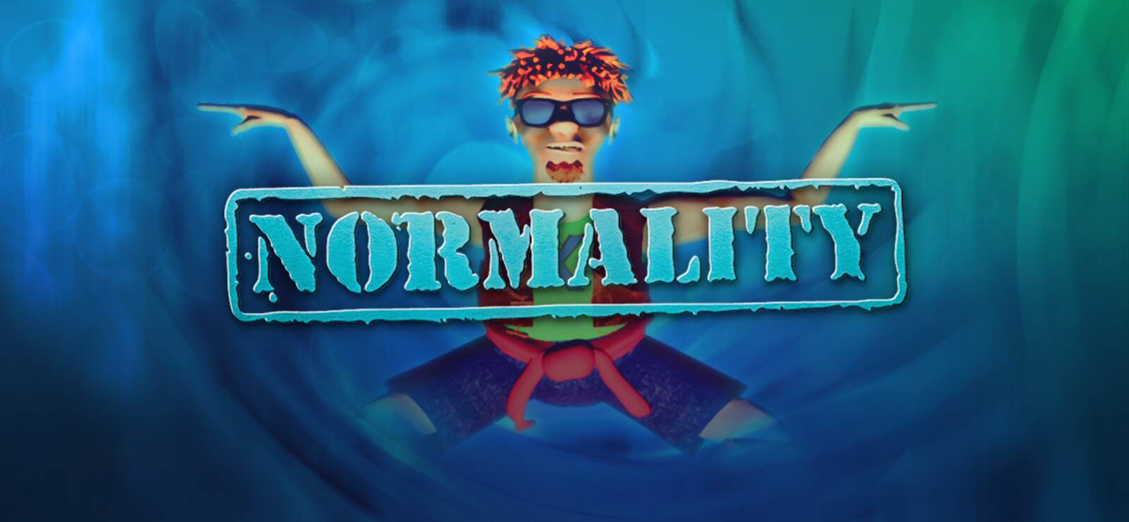 cartoon picture of a youth in a dancing pose with strange fog and a rubber stamp that says , 'Normality'