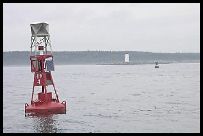 Picture of a red and white buoy i the water