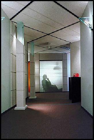 Office corridoor with silhouette of someone on the phone